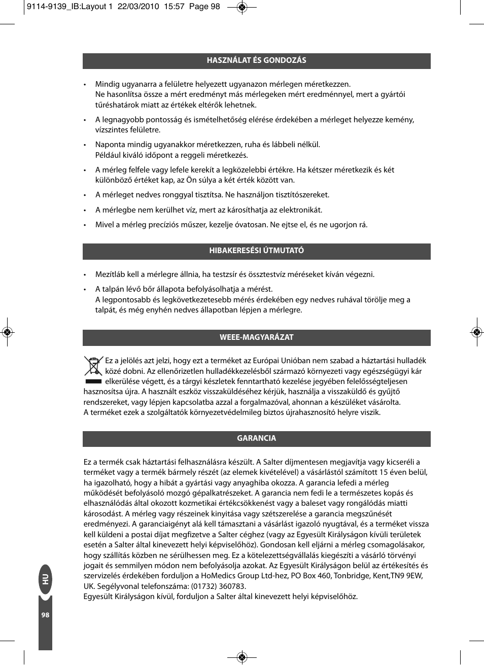 Salter 9139 WH3R Compact Analyser Scale User Manual | Page 98 / 140
