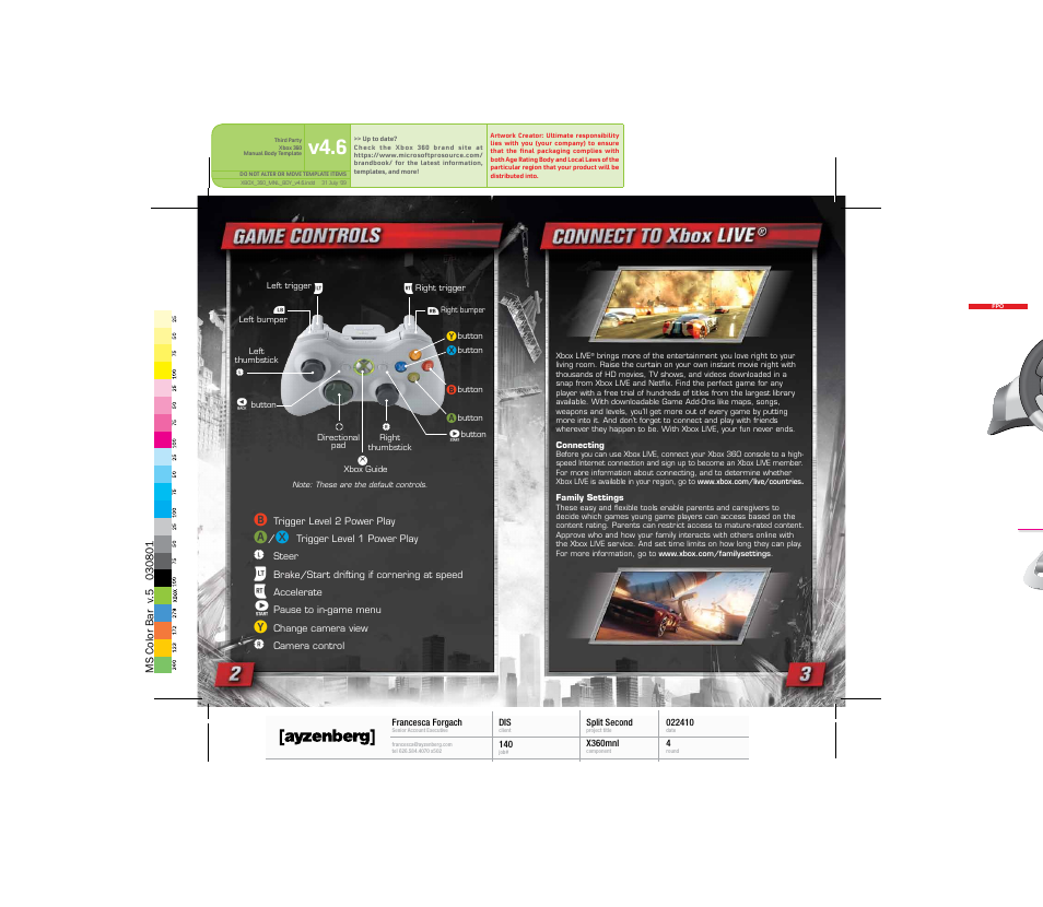 Game controls, Connect to xbox live, V4.6 | Disney Interactive Studios Split/Second for Xbox 360 User Manual | Page 3 / 5