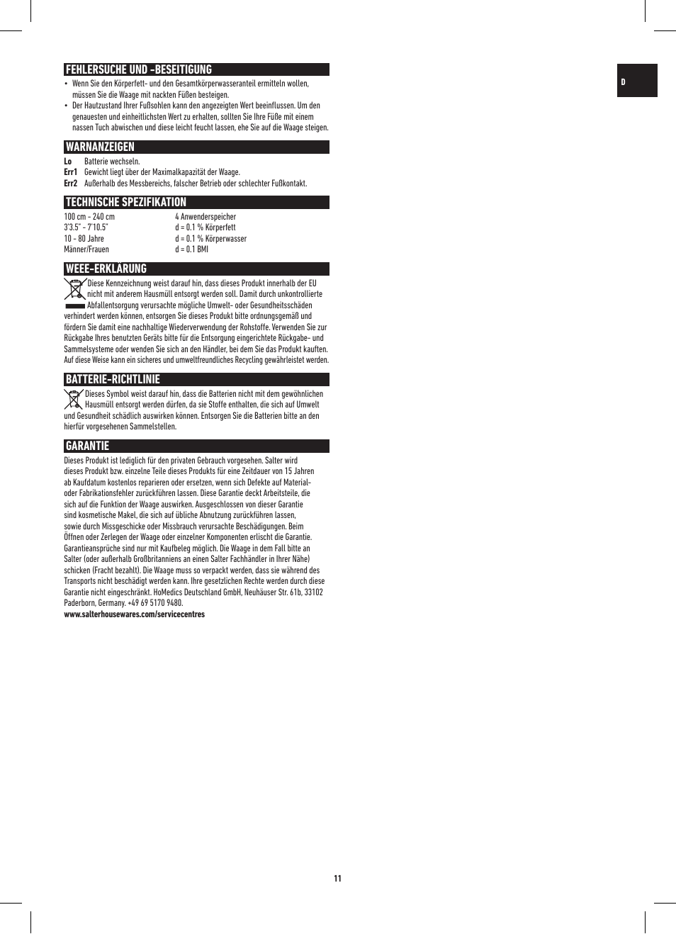 Fehlersuche und -beseitigung, Warnanzeigen, Technische spezifikation | Weee-erklärung, Batterie-richtlinie, Garantie | Salter 9141 WH3R UST Glass Analyser Scale User Manual | Page 11 / 60