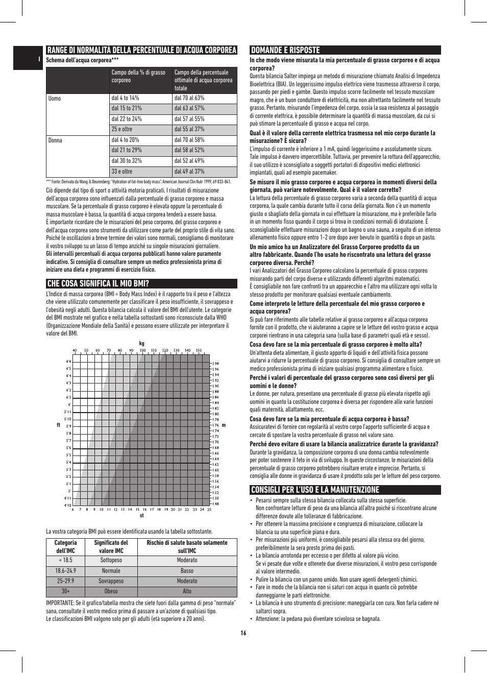 Che cosa significa il mio bmi, Domande e risposte, Consigli per l’uso e la manutenzione | Salter 9141 WH3R UST Glass Analyser Scale User Manual | Page 16 / 60