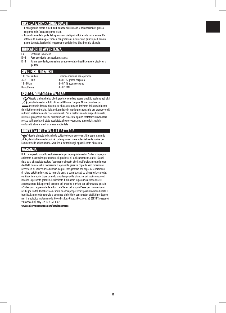 Ricerca e riparazione guasti, Indicatori di avvertenza, Specifiche tecniche | Spiegazione direttiva raee, Direttiva relativa alle batterie, Garanzia | Salter 9141 WH3R UST Glass Analyser Scale User Manual | Page 17 / 60