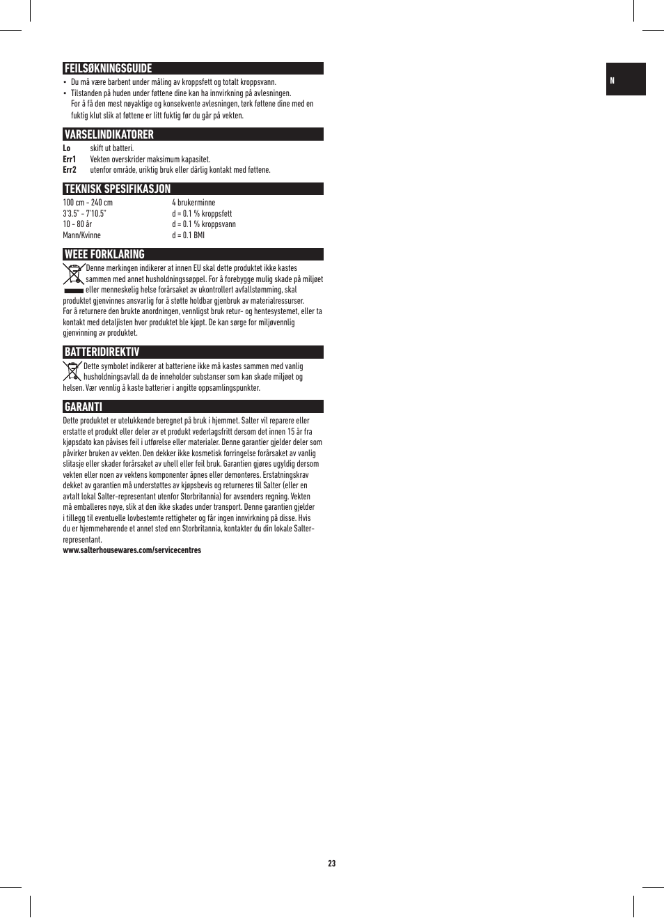 Feilsøkningsguide, Varselindikatorer, Teknisk spesifikasjon | Weee forklaring, Batteridirektiv, Garanti | Salter 9141 WH3R UST Glass Analyser Scale User Manual | Page 23 / 60