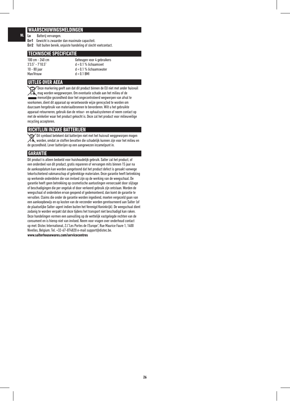 Waarschuwingsmeldingen, Technische specificatie, Uitleg over aeea | Richtlijn inzake batterijen, Garantie | Salter 9141 WH3R UST Glass Analyser Scale User Manual | Page 26 / 60