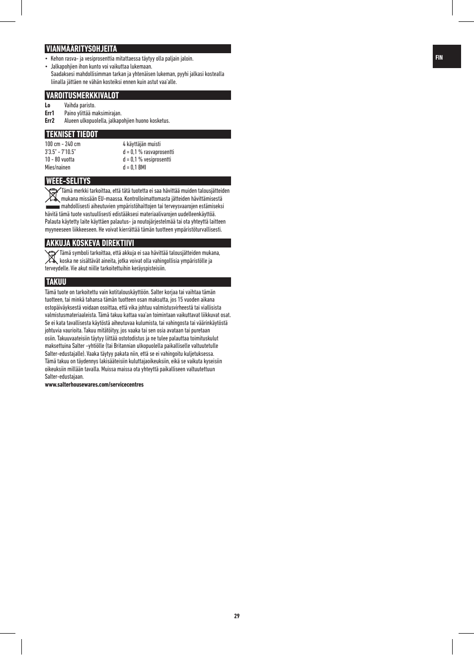 Vianmääritysohjeita, Varoitusmerkkivalot, Tekniset tiedot | Weee-selitys, Akkuja koskeva direktiivi, Takuu | Salter 9141 WH3R UST Glass Analyser Scale User Manual | Page 29 / 60