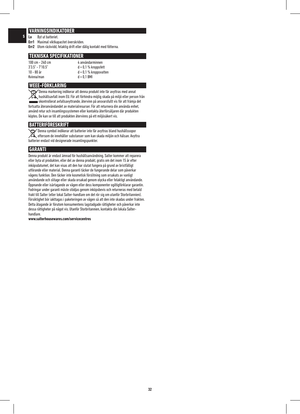Varningsindikatorer, Tekniska specifikationer, Weee-förklaring | Batteriföreskrift, Garanti | Salter 9141 WH3R UST Glass Analyser Scale User Manual | Page 32 / 60