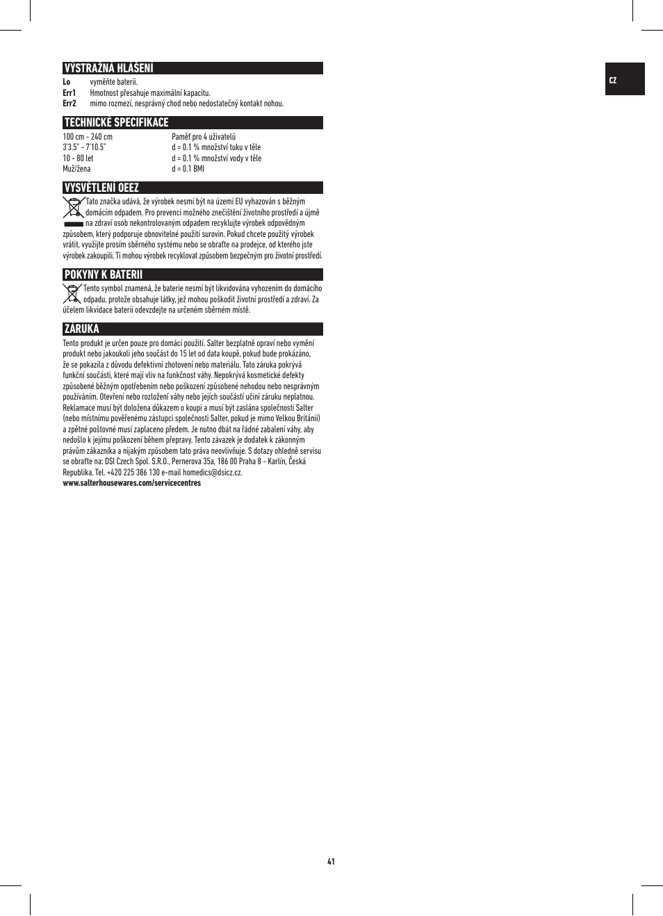 Výstražná hlášení, Technické specifikace, Vysvětlení oeez | Pokyny k baterii, Záruka | Salter 9141 WH3R UST Glass Analyser Scale User Manual | Page 41 / 60