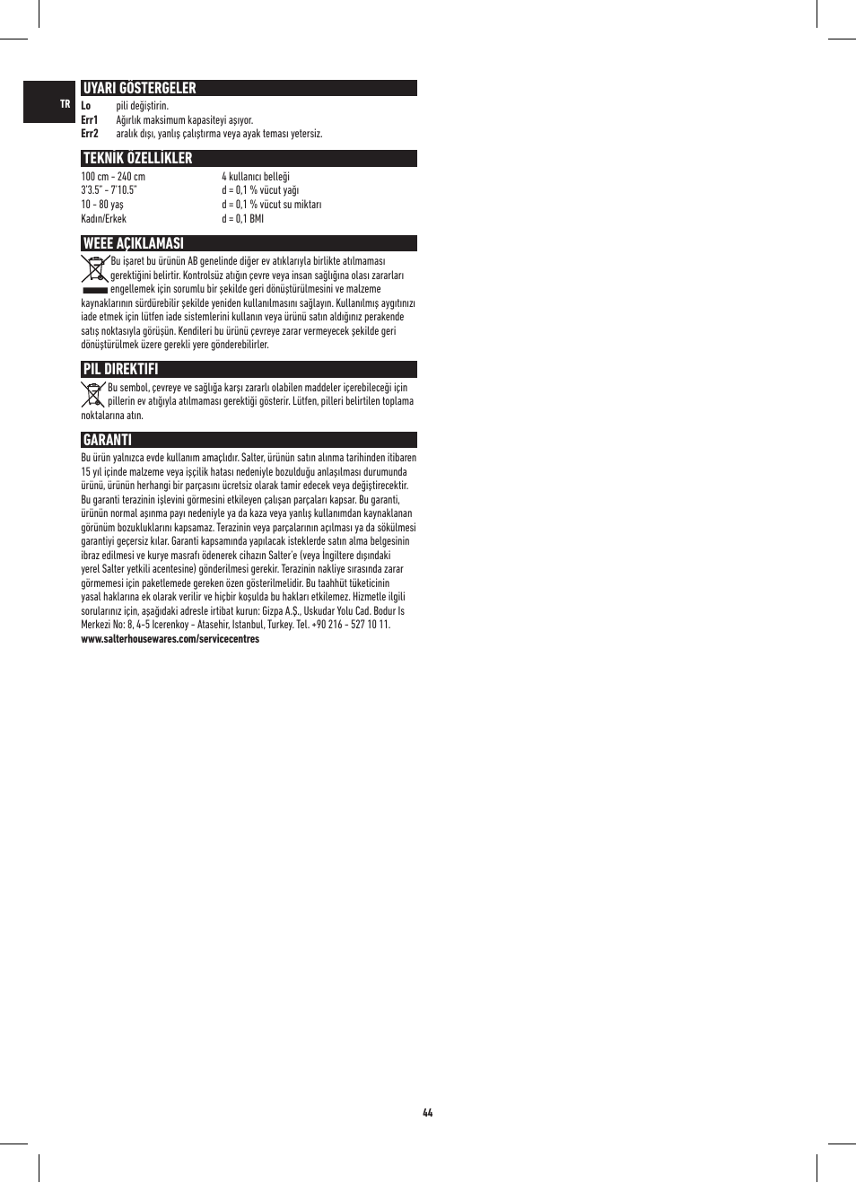 Uyari göstergeler, Teknik özellikler, Weee açiklamasi | Pil direktifi, Garanti | Salter 9141 WH3R UST Glass Analyser Scale User Manual | Page 44 / 60