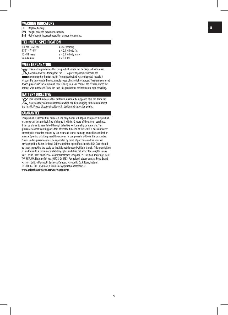Warning indicators, Technical specification, Weee explanation | Battery directive, Guarantee | Salter 9141 WH3R UST Glass Analyser Scale User Manual | Page 5 / 60
