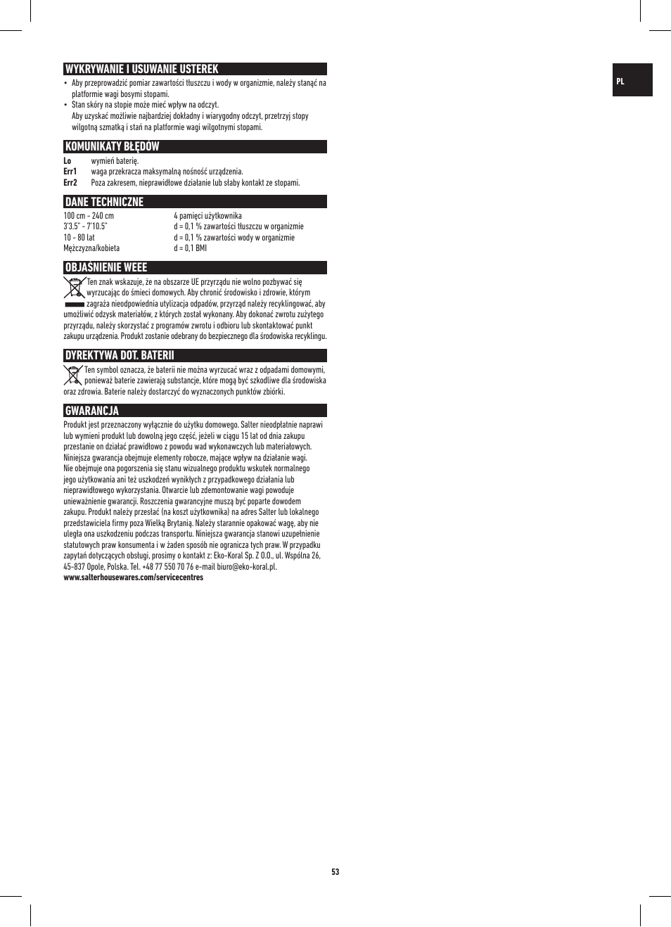 Wykrywanie i usuwanie usterek, Komunikaty błędów, Dane techniczne | Objaśnienie weee, Dyrektywa dot. baterii, Gwarancja | Salter 9141 WH3R UST Glass Analyser Scale User Manual | Page 53 / 60