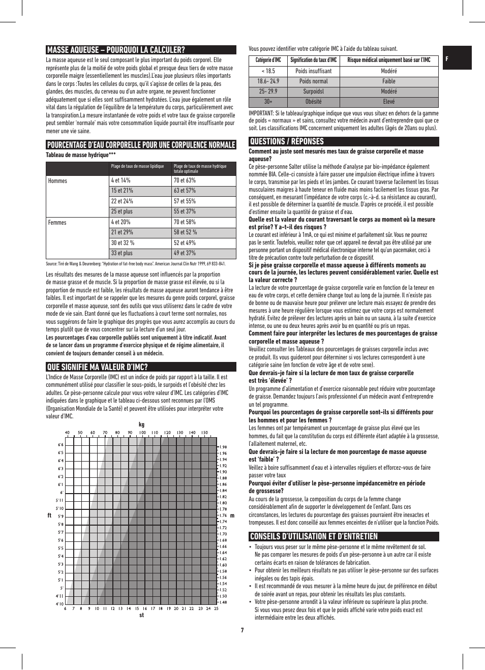 Masse aqueuse – pourquoi la calculer, Que signifie ma valeur d’imc, Questions / réponses | Conseils d’utilisation et d’entretien | Salter 9141 WH3R UST Glass Analyser Scale User Manual | Page 7 / 60