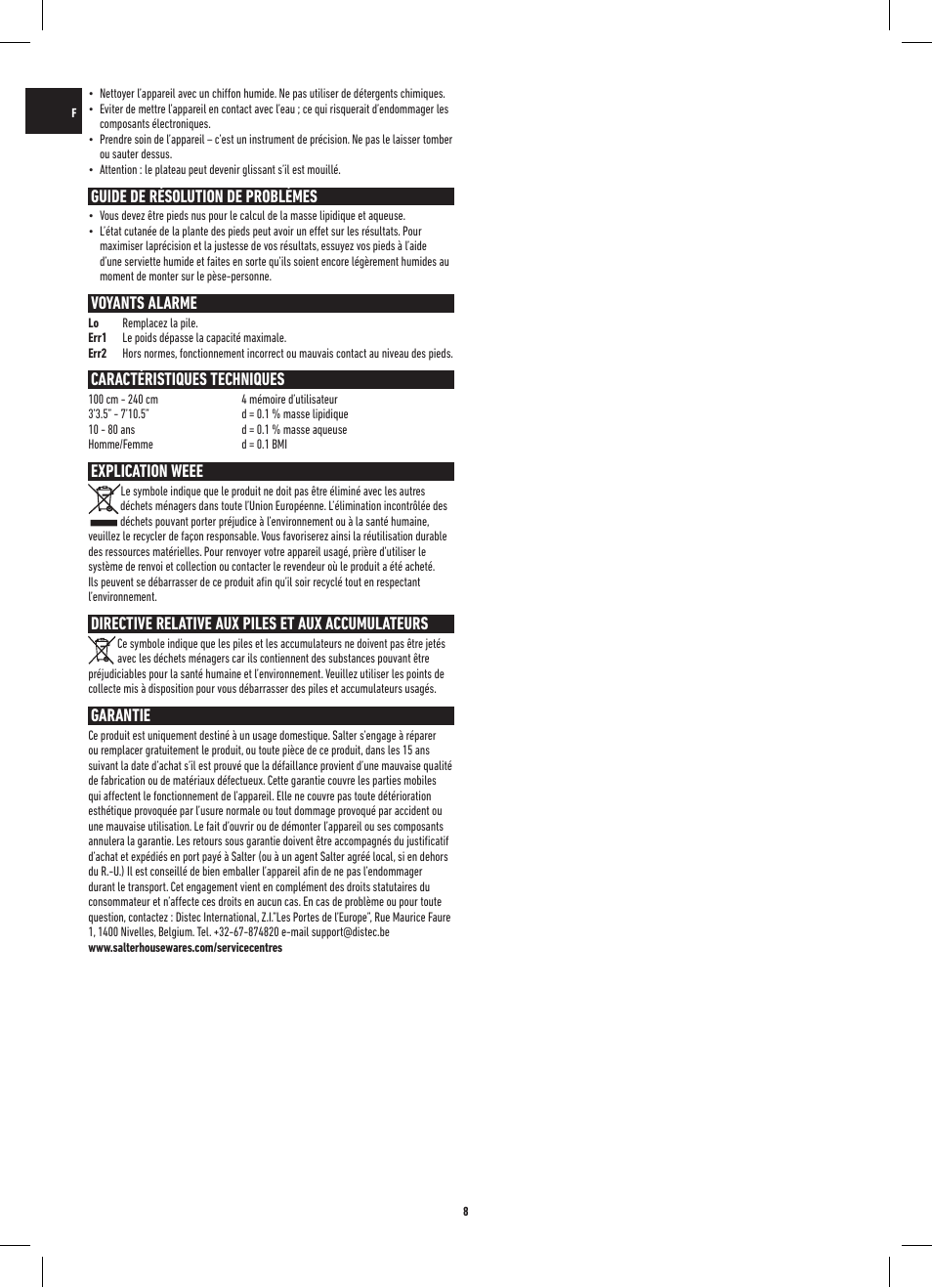 Guide de résolution de problèmes, Voyants alarme, Caractéristiques techniques | Explication weee, Directive relative aux piles et aux accumulateurs, Garantie | Salter 9141 WH3R UST Glass Analyser Scale User Manual | Page 8 / 60