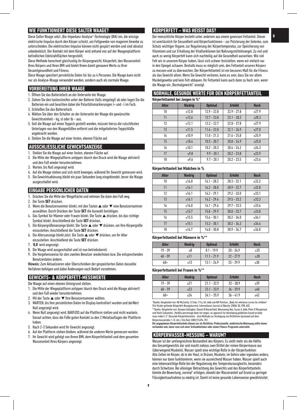 Wie funktioniert diese salter waage, Vorbereitung ihrer waage, Ausschliessliche gewichtsanzeige | Eingabe persönlicher daten, Gewichts- & körperfett-messwerte, Körperfett – was heisst das, Normale, gesunde werte für den körperfettanteil, Körperwasser-messung – warum | Salter 9141 WH3R UST Glass Analyser Scale User Manual | Page 9 / 60