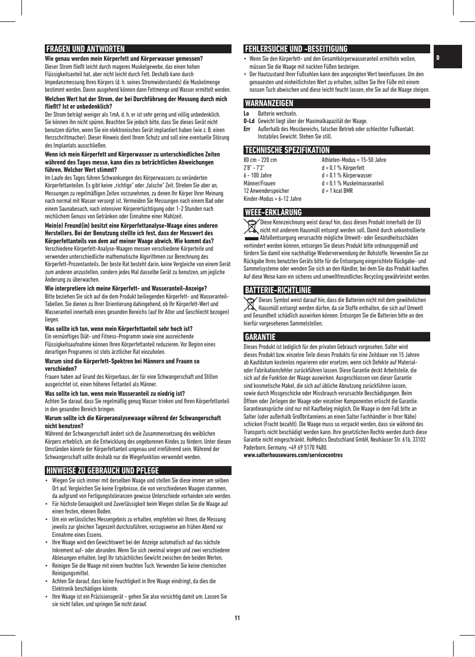 Fragen und antworten, Hinweise zu gebrauch und pflege, Fehlersuche und -beseitigung | Warnanzeigen, Technische spezifikation, Weee-erklärung, Batterie-richtlinie, Garantie | Salter 9109 BK3R Onyx Analyser Scale User Manual | Page 11 / 60