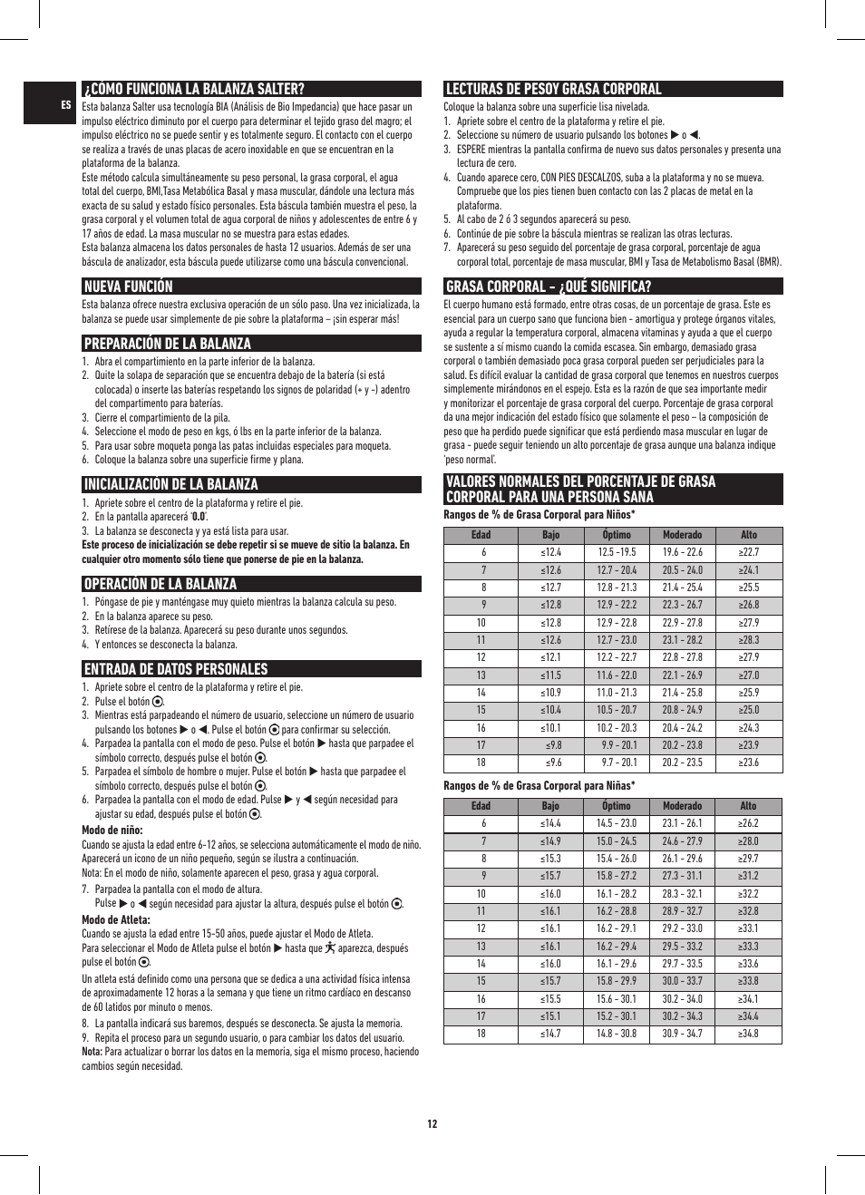 Cómo funciona la balanza salter, Nueva función, Preparación de la balanza | Inicialización de la balanza, Operación de la balanza, Entrada de datos personales, Lecturas de pesoy grasa corporal, Grasa corporal - ¿qué significa | Salter 9109 BK3R Onyx Analyser Scale User Manual | Page 12 / 60