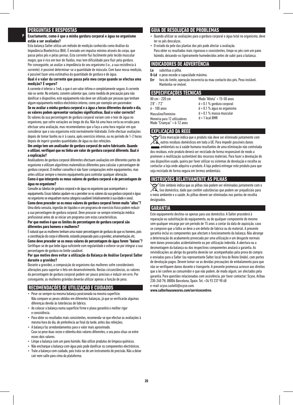 Perguntas e respostas, Recomendações de utilização e cuidados, Guia de resolução de problemas | Indicadores de advertência, Especificações técnicas, Explicação da reee, Instruções relativamente às pilhas, Garantia | Salter 9109 BK3R Onyx Analyser Scale User Manual | Page 20 / 60