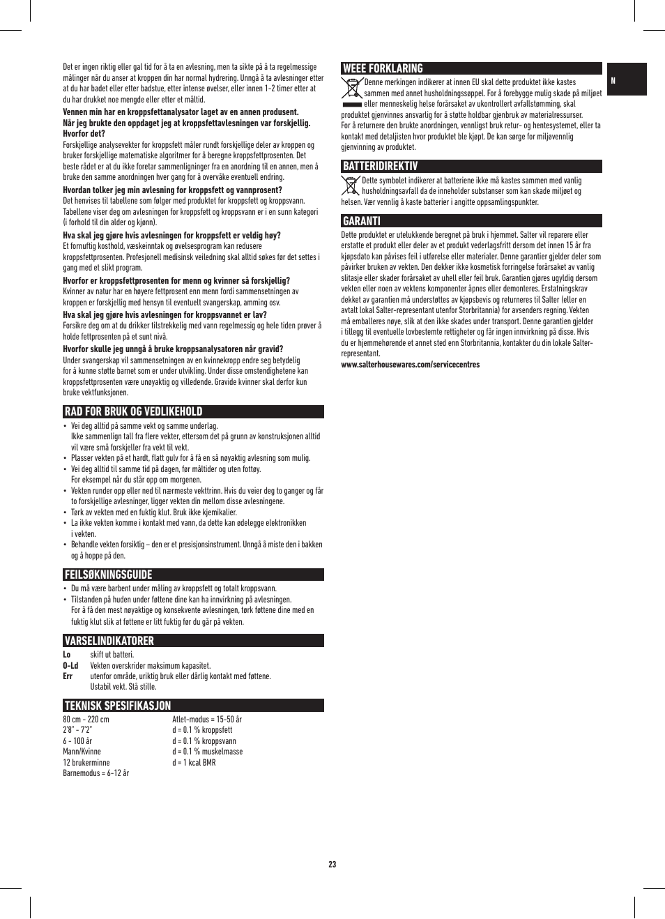 Rad for bruk og vedlikehold, Feilsøkningsguide, Varselindikatorer | Teknisk spesifikasjon, Weee forklaring, Batteridirektiv, Garanti | Salter 9109 BK3R Onyx Analyser Scale User Manual | Page 23 / 60