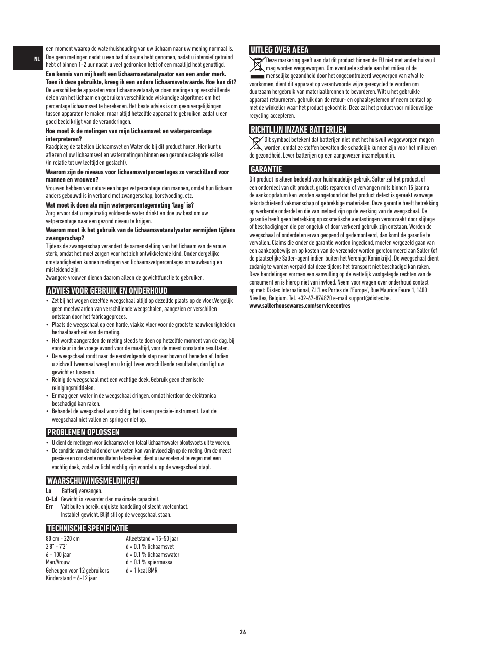 Advies voor gebruik en onderhoud, Problemen oplossen, Waarschuwingsmeldingen | Technische specificatie, Uitleg over aeea, Richtlijn inzake batterijen, Garantie | Salter 9109 BK3R Onyx Analyser Scale User Manual | Page 26 / 60