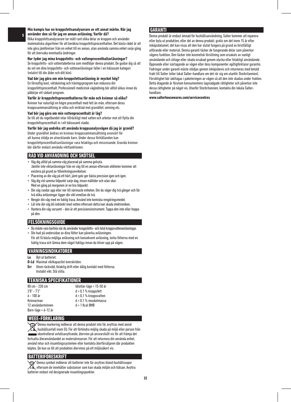 Råd vid användning och skötsel, Felsökningsguide, Varningsindikatorer | Tekniska specifikationer, Weee-förklaring, Batteriföreskrift, Garanti | Salter 9109 BK3R Onyx Analyser Scale User Manual | Page 32 / 60