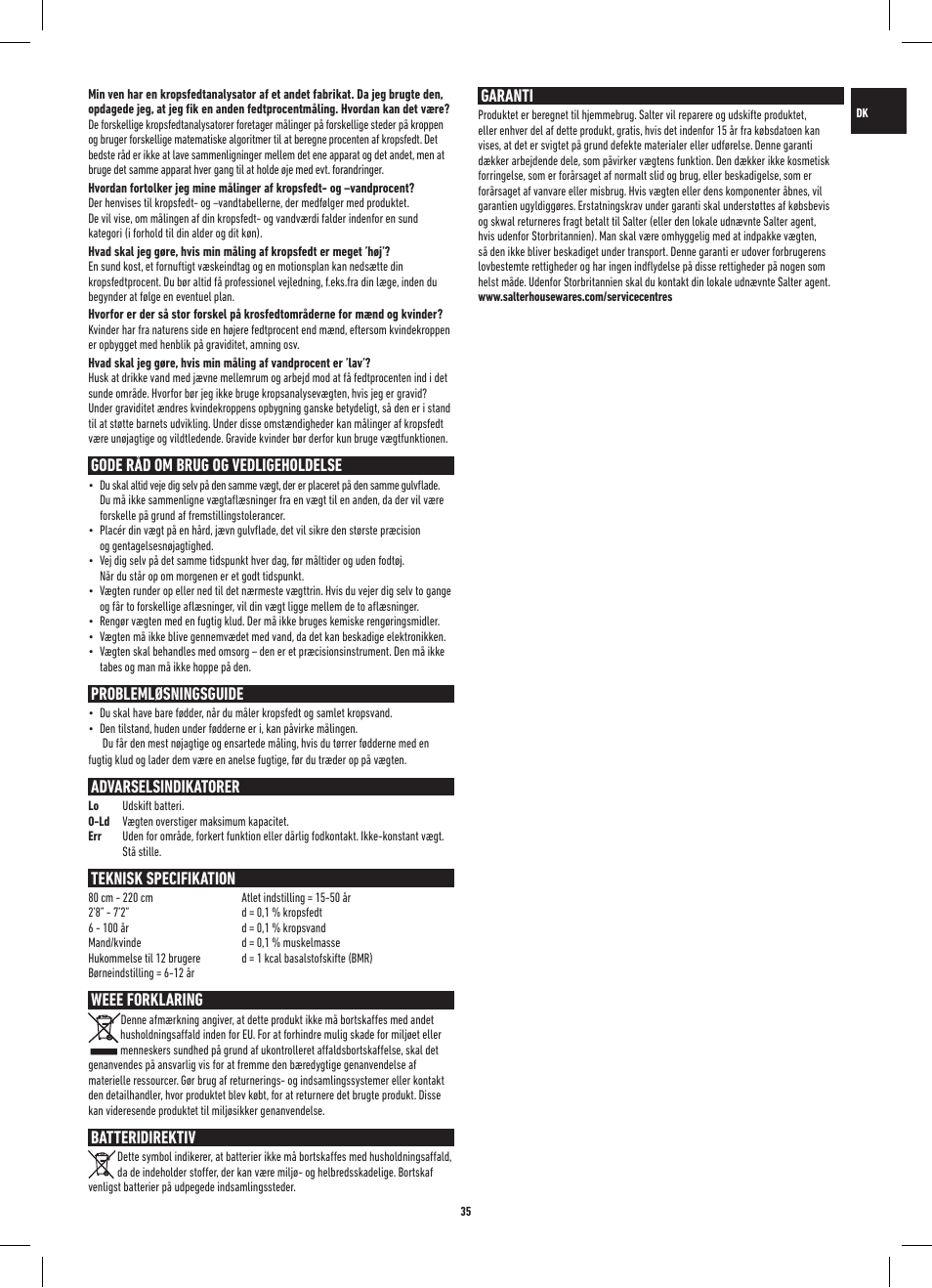 Gode råd om brug og vedligeholdelse, Problemløsningsguide, Advarselsindikatorer | Teknisk specifikation, Weee forklaring, Batteridirektiv, Garanti | Salter 9109 BK3R Onyx Analyser Scale User Manual | Page 35 / 60