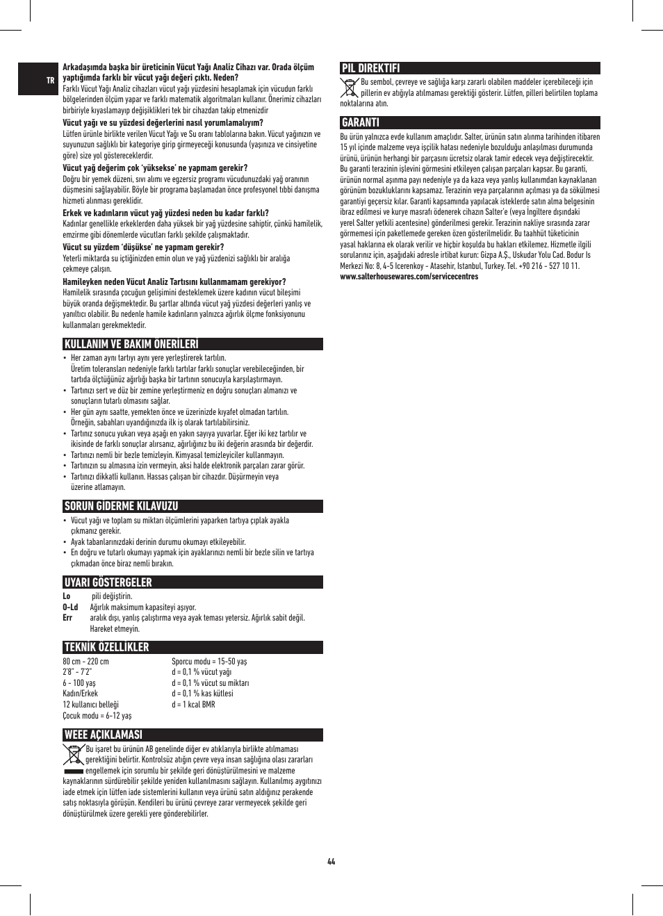 Kullanim ve bakim önerileri, Sorun giderme kilavuzu, Uyari göstergeler | Teknik özellikler, Weee açiklamasi, Pil direktifi, Garanti | Salter 9109 BK3R Onyx Analyser Scale User Manual | Page 44 / 60