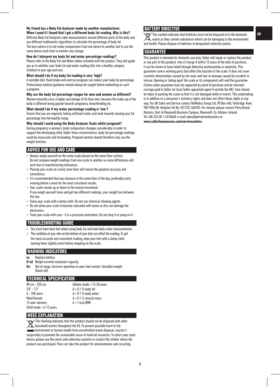 Advice for use and care, Troubleshooting guide, Warning indicators | Technical specification, Weee explanation, Battery directive, Guarantee | Salter 9109 BK3R Onyx Analyser Scale User Manual | Page 5 / 60