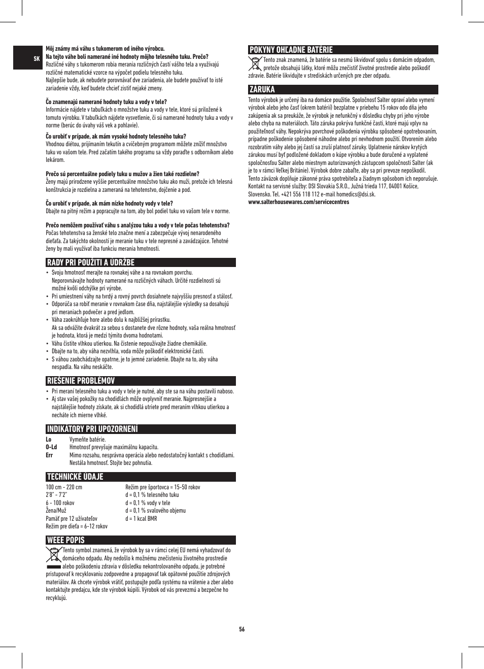 Rady pri použiti a údržbe, Riešenie problémov, Indikátory pri upozornení | Technické údaje, Weee popis, Pokyny ohľadne batérie, Záruka | Salter 9109 BK3R Onyx Analyser Scale User Manual | Page 56 / 60