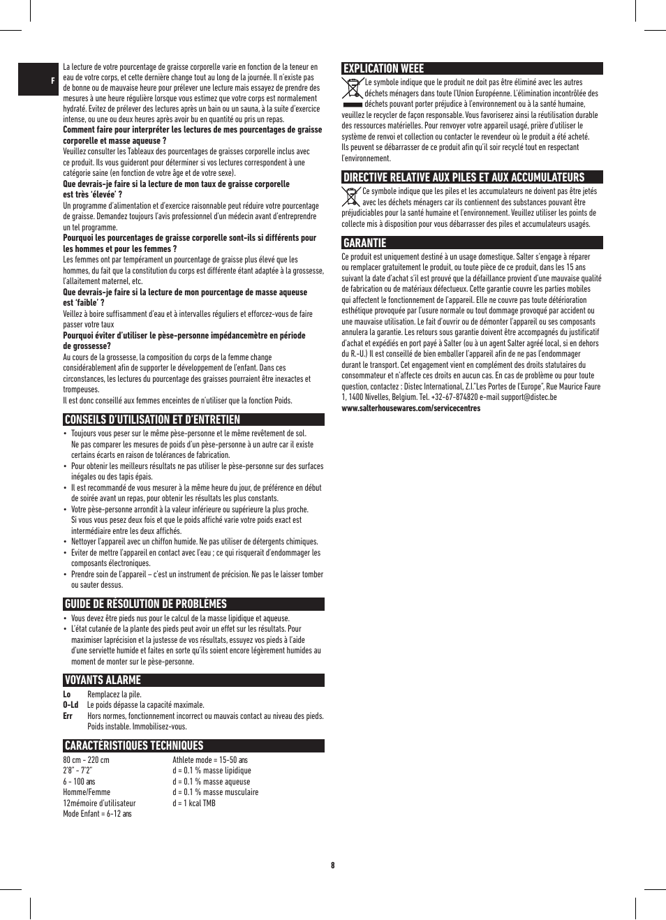 Conseils d’utilisation et d’entretien, Guide de résolution de problèmes, Voyants alarme | Caractéristiques techniques, Explication weee, Directive relative aux piles et aux accumulateurs, Garantie | Salter 9109 BK3R Onyx Analyser Scale User Manual | Page 8 / 60