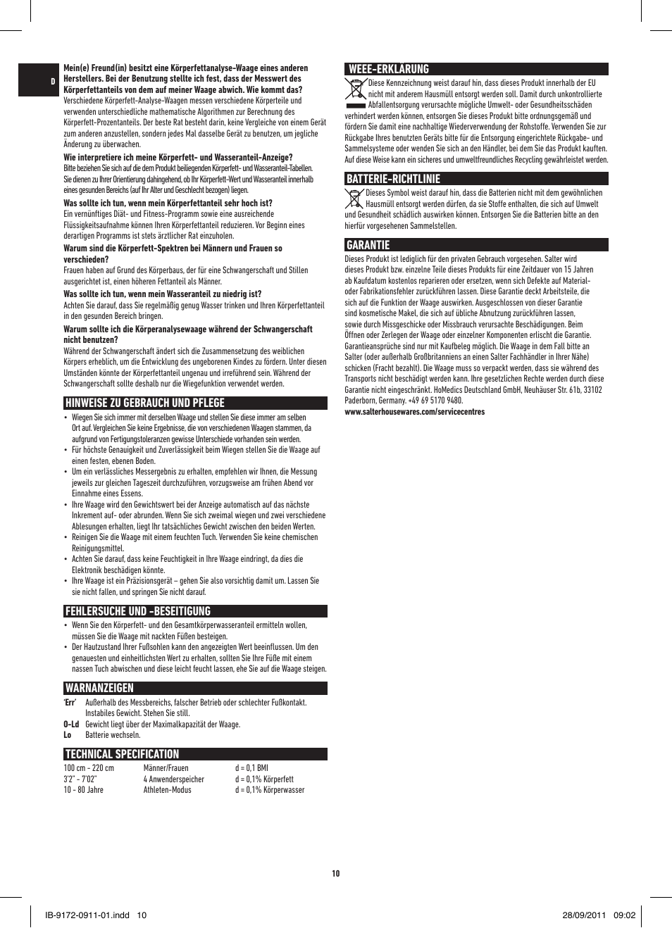Hinweise zu gebrauch und pflege, Fehlersuche und -beseitigung, Warnanzeigen | Technical specification, Weee-erklärung, Batterie-richtlinie, Garantie | Salter 9172 BK3R EasyView Analyser Scale User Manual | Page 10 / 56