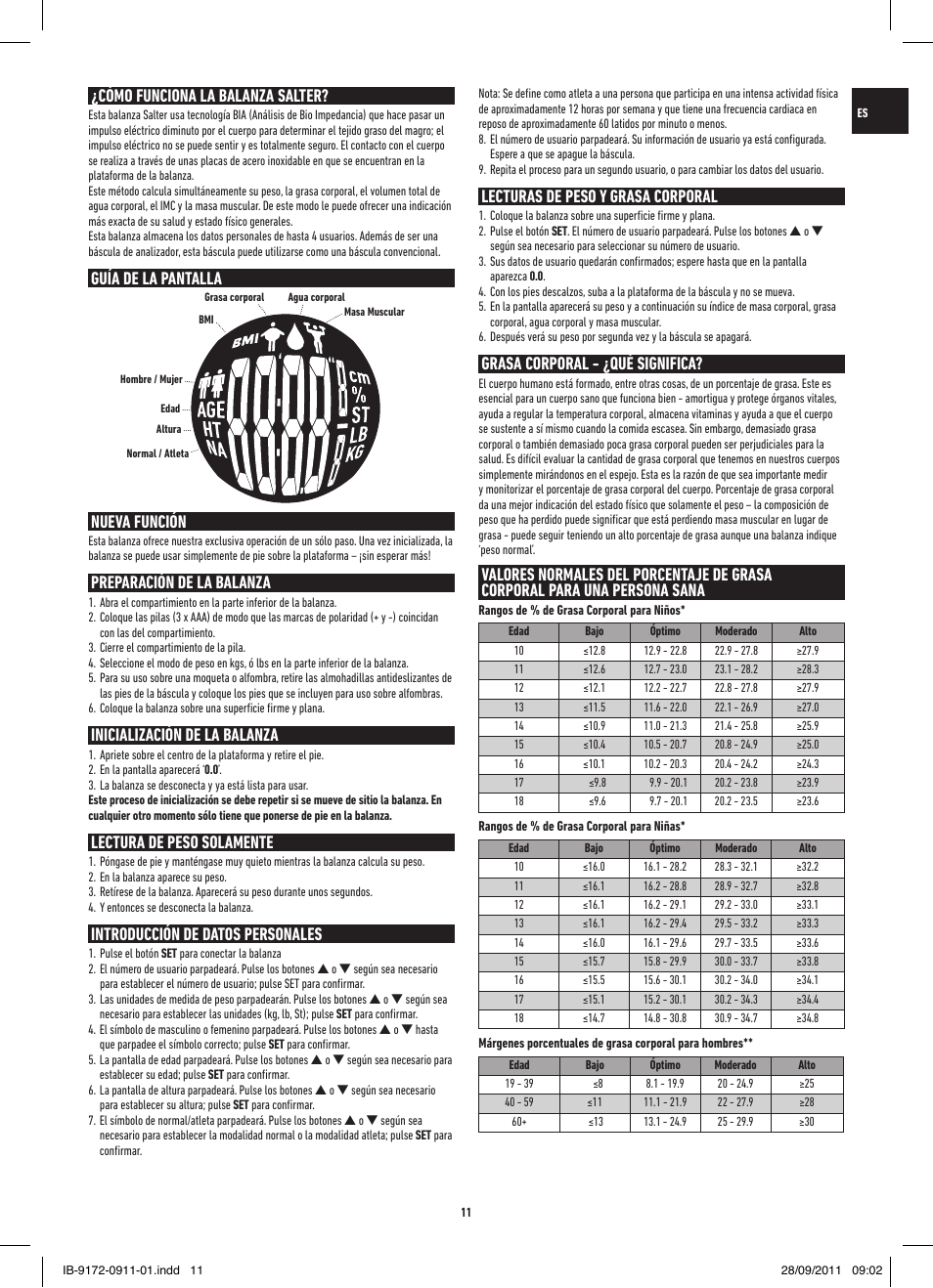 Cómo funciona la balanza salter, Guía de la pantalla nueva función, Preparación de la balanza | Inicialización de la balanza, Lectura de peso solamente, Introducción de datos personales, Lecturas de peso y grasa corporal, Grasa corporal - ¿qué significa | Salter 9172 BK3R EasyView Analyser Scale User Manual | Page 11 / 56