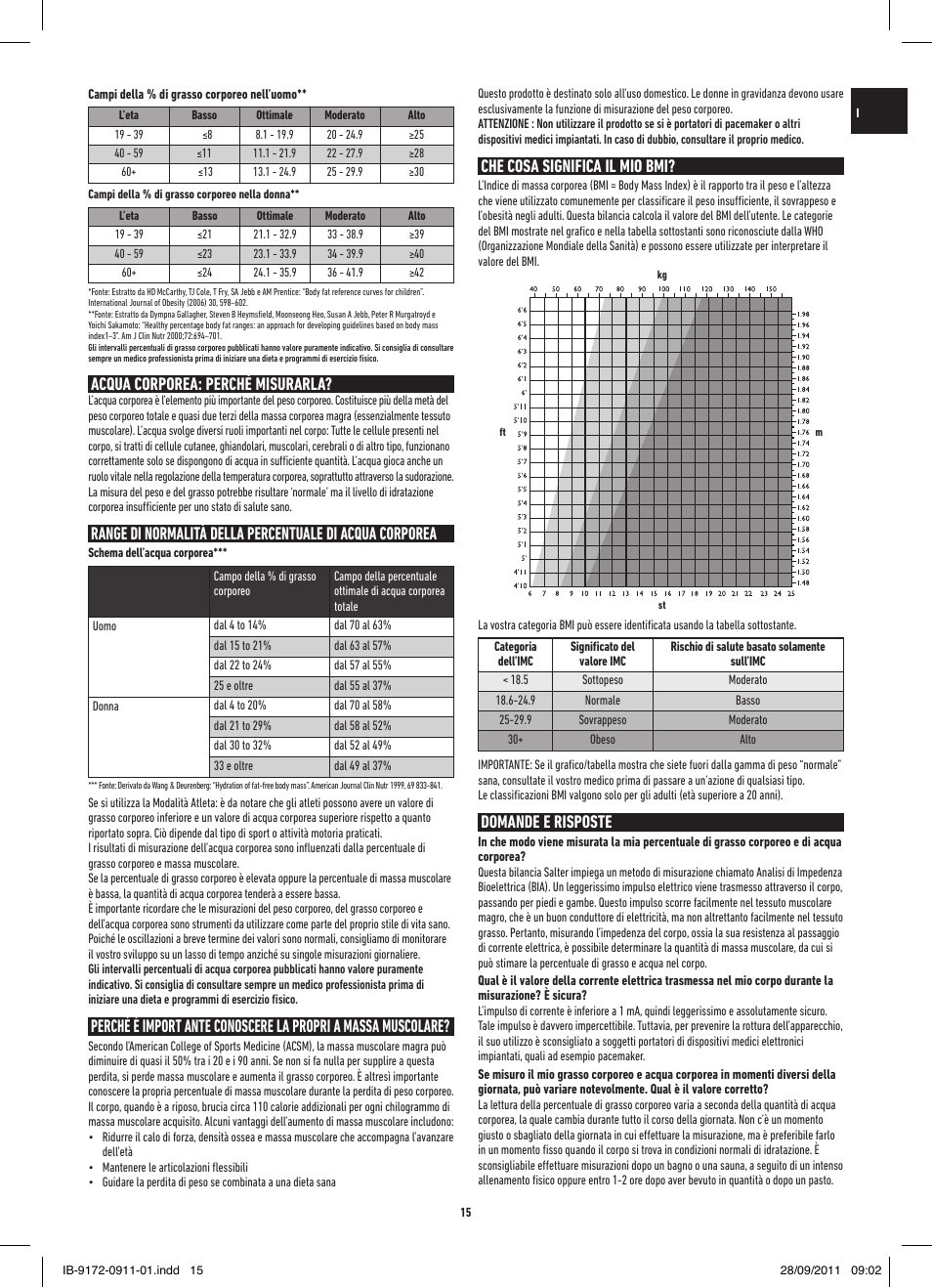 Acqua corporea: perché misurarla, Che cosa significa il mio bmi, Domande e risposte | Salter 9172 BK3R EasyView Analyser Scale User Manual | Page 15 / 56