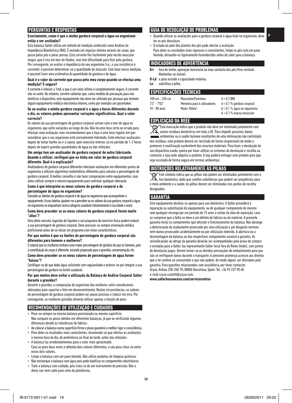Perguntas e respostas, Recomendações de utilização e cuidados, Guia de resolução de problemas | Indicadores de advertência, Especificações técnicas, Explicação da reee, Instruções relativamente às pilhas, Garantia | Salter 9172 BK3R EasyView Analyser Scale User Manual | Page 19 / 56
