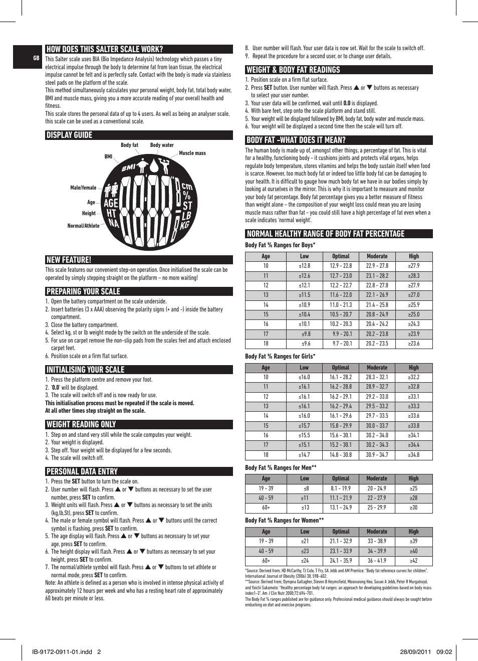 How does this salter scale work, Display guide new feature, Preparing your scale | Initialising your scale, Weight reading only, Personal data entry, Weight & body fat readings, Body fat -what does it mean, Normal healthy range of body fat percentage | Salter 9172 BK3R EasyView Analyser Scale User Manual | Page 2 / 56