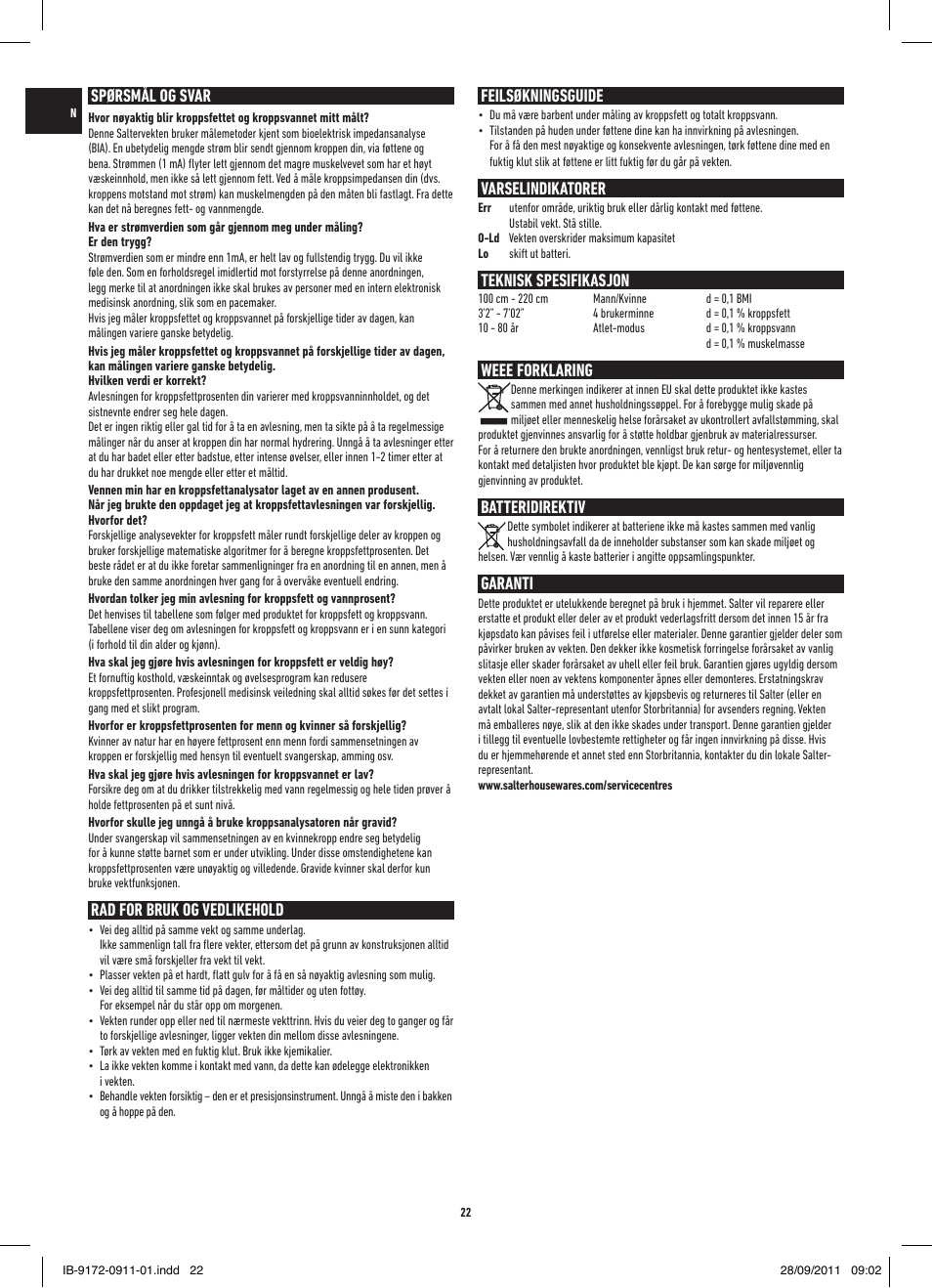 Spørsmål og svar, Rad for bruk og vedlikehold, Feilsøkningsguide | Varselindikatorer, Teknisk spesifikasjon, Weee forklaring, Batteridirektiv, Garanti | Salter 9172 BK3R EasyView Analyser Scale User Manual | Page 22 / 56
