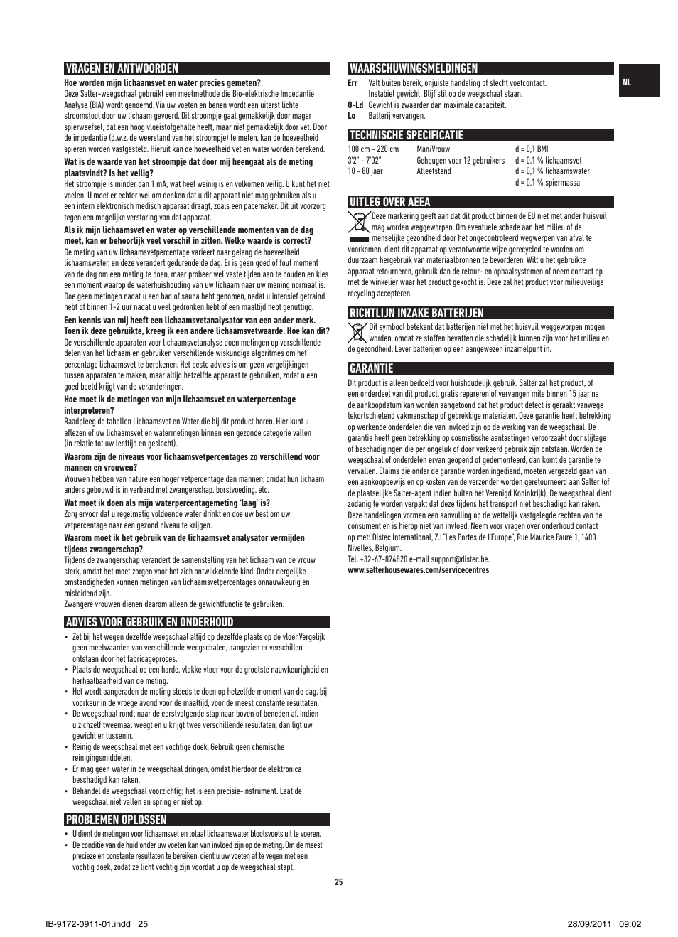 Vragen en antwoorden, Advies voor gebruik en onderhoud, Problemen oplossen | Waarschuwingsmeldingen, Technische specificatie, Uitleg over aeea, Richtlijn inzake batterijen, Garantie | Salter 9172 BK3R EasyView Analyser Scale User Manual | Page 25 / 56