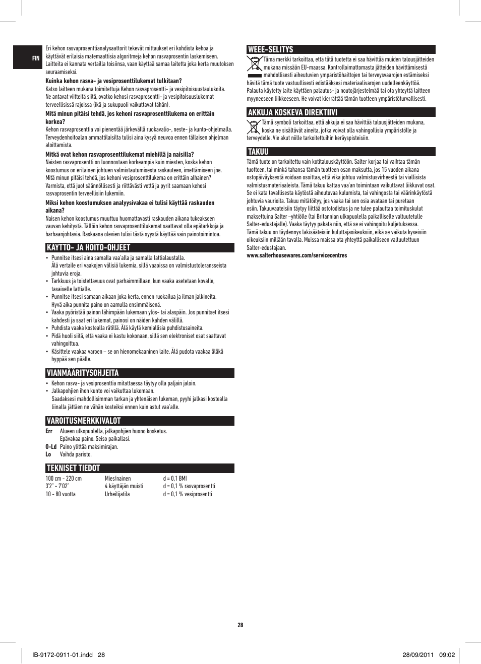 Käyttö- ja hoito-ohjeet, Vianmääritysohjeita, Varoitusmerkkivalot | Tekniset tiedot, Weee-selitys, Akkuja koskeva direktiivi, Takuu | Salter 9172 BK3R EasyView Analyser Scale User Manual | Page 28 / 56