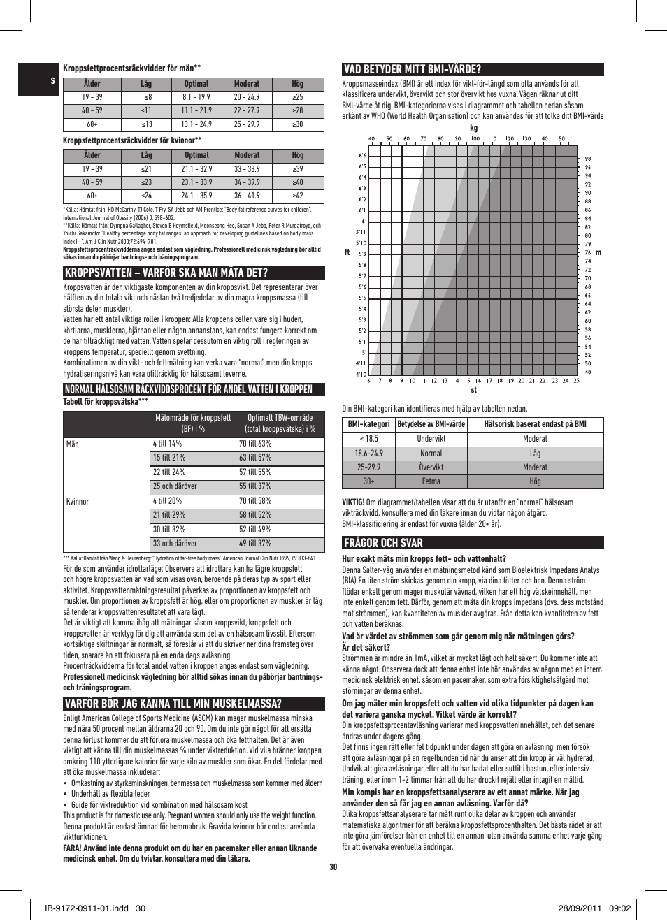 Kroppsvatten – varför ska man mäta det, Varför bör jag känna till min muskelmassa, Vad betyder mitt bmi-värde | Frågor och svar | Salter 9172 BK3R EasyView Analyser Scale User Manual | Page 30 / 56