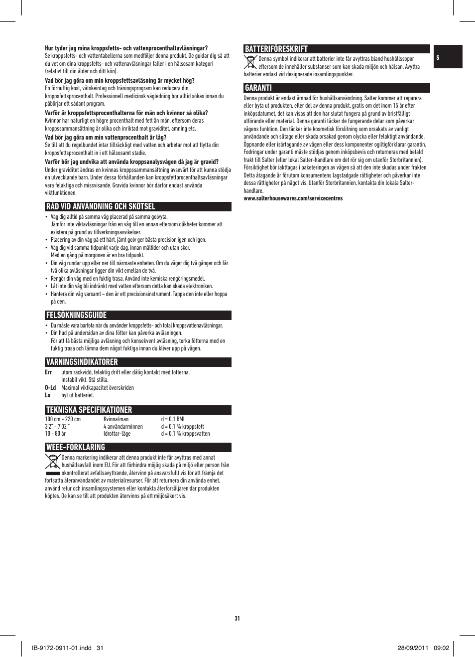 Råd vid användning och skötsel, Felsökningsguide, Varningsindikatorer | Tekniska specifikationer, Weee-förklaring, Batteriföreskrift, Garanti | Salter 9172 BK3R EasyView Analyser Scale User Manual | Page 31 / 56