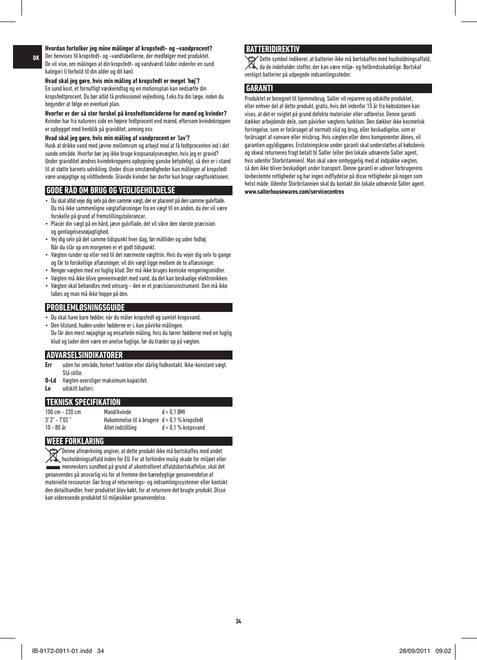 Gode råd om brug og vedligeholdelse, Problemløsningsguide, Advarselsindikatorer | Teknisk specifikation, Weee forklaring, Batteridirektiv, Garanti | Salter 9172 BK3R EasyView Analyser Scale User Manual | Page 34 / 56