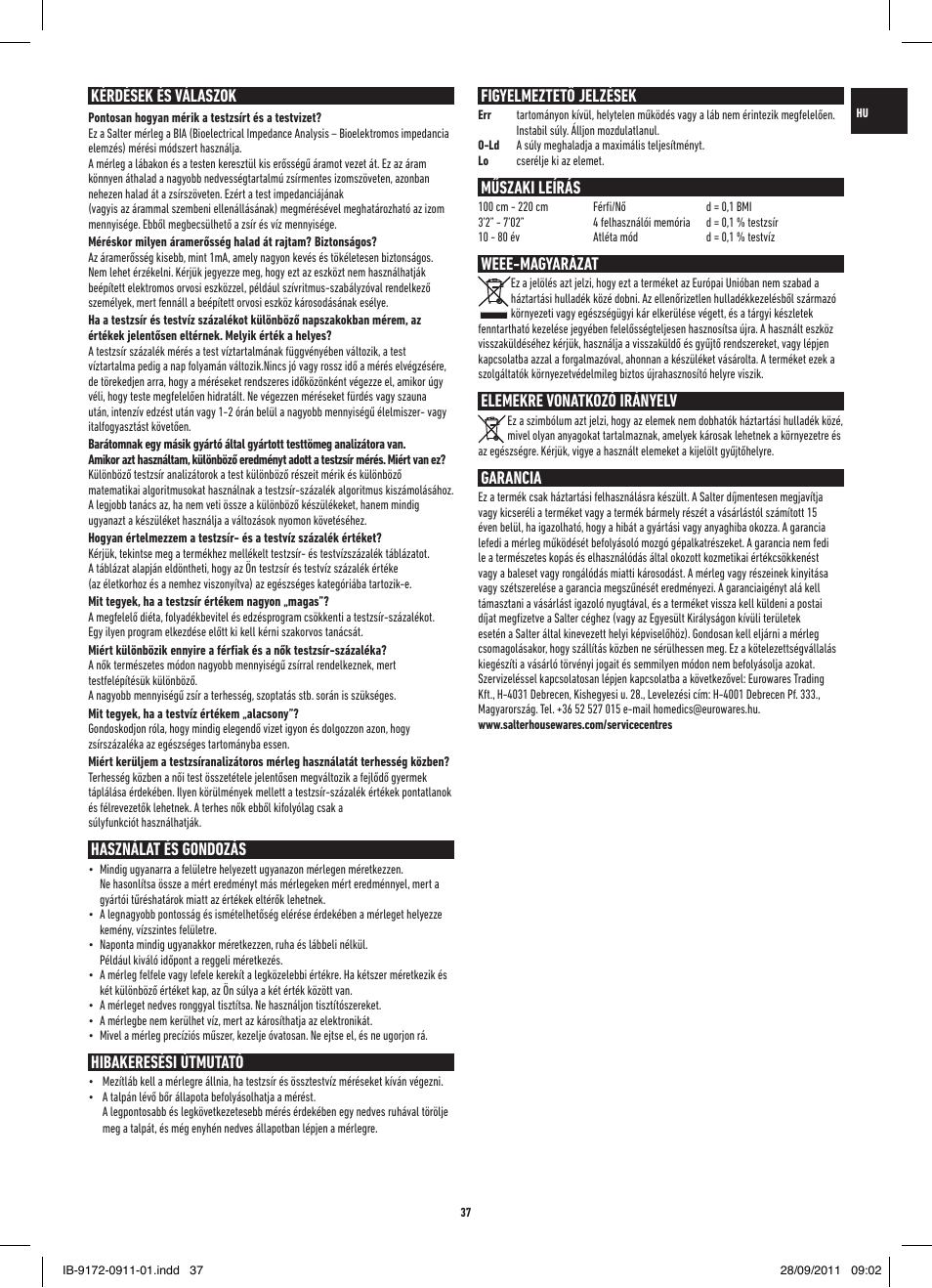 Kérdések és válaszok, Használat és gondozás, Hibakeresési útmutató | Figyelmeztető jelzések, Műszaki leírás, Weee-magyarázat, Elemekre vonatkozó irányelv, Garancia | Salter 9172 BK3R EasyView Analyser Scale User Manual | Page 37 / 56