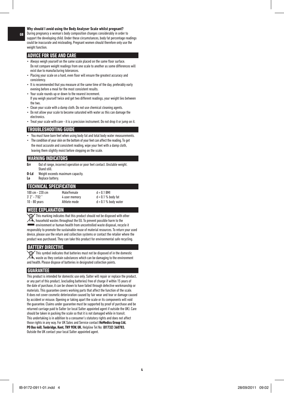 Advice for use and care, Troubleshooting guide, Warning indicators | Technical specification, Weee explanation, Battery directive, Guarantee | Salter 9172 BK3R EasyView Analyser Scale User Manual | Page 4 / 56