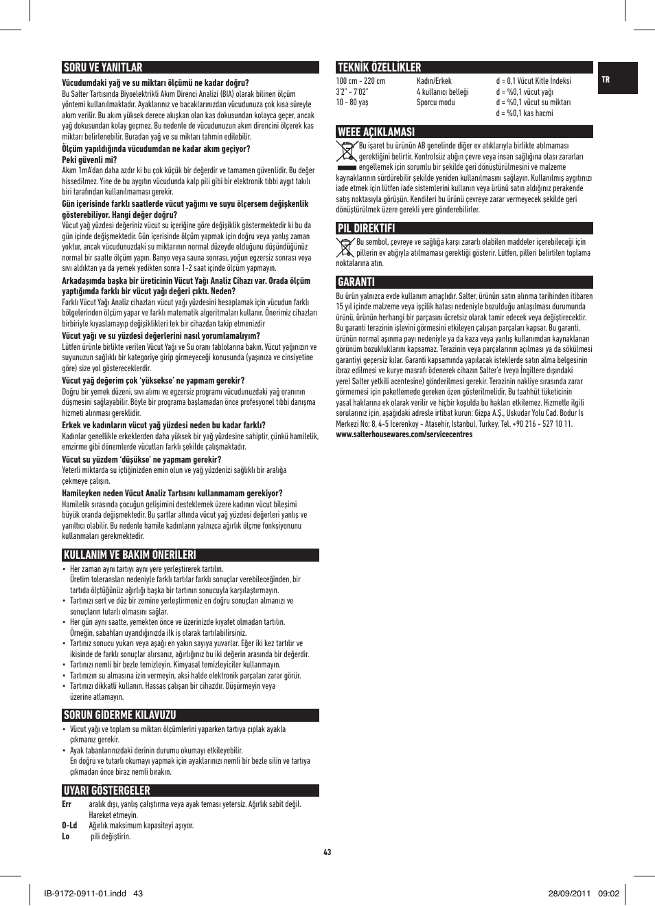Soru ve yanitlar, Kullanim ve bakim önerileri, Sorun giderme kilavuzu | Uyari göstergeler, Teknik özellikler, Weee açiklamasi, Pil direktifi, Garanti | Salter 9172 BK3R EasyView Analyser Scale User Manual | Page 43 / 56