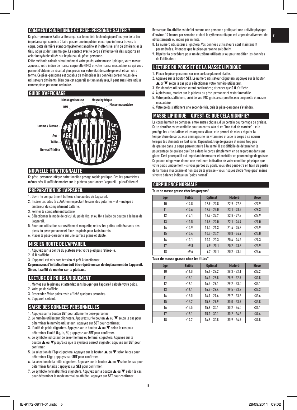 Comment fonctionne ce pese-personne salter, Guide d’affichage nouvelle fonctionnalité, Préparation de l’appareil | Mise en route de l’appareil, Lecture du poids uniquement, Saisie des données personnelles, Lecture du poids et de la masse lipidique, Masse lipidique – qu’est-ce que cela signifie, Corpulence normale | Salter 9172 BK3R EasyView Analyser Scale User Manual | Page 5 / 56
