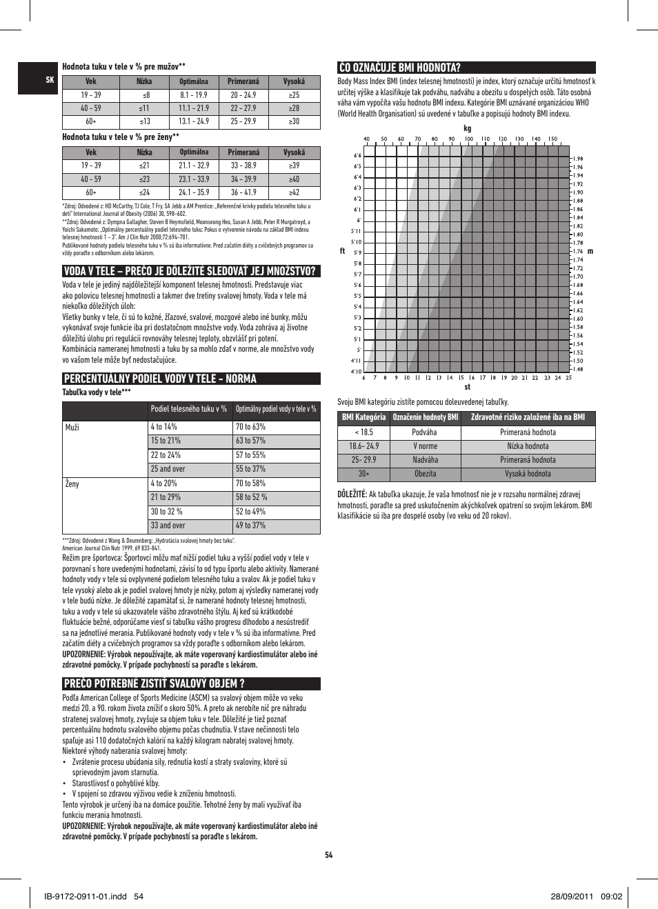 Percentuálny podiel vody v tele - norma, Prečo potrebné zistiť svalový objem, Čo označuje bmi hodnota | Salter 9172 BK3R EasyView Analyser Scale User Manual | Page 54 / 56