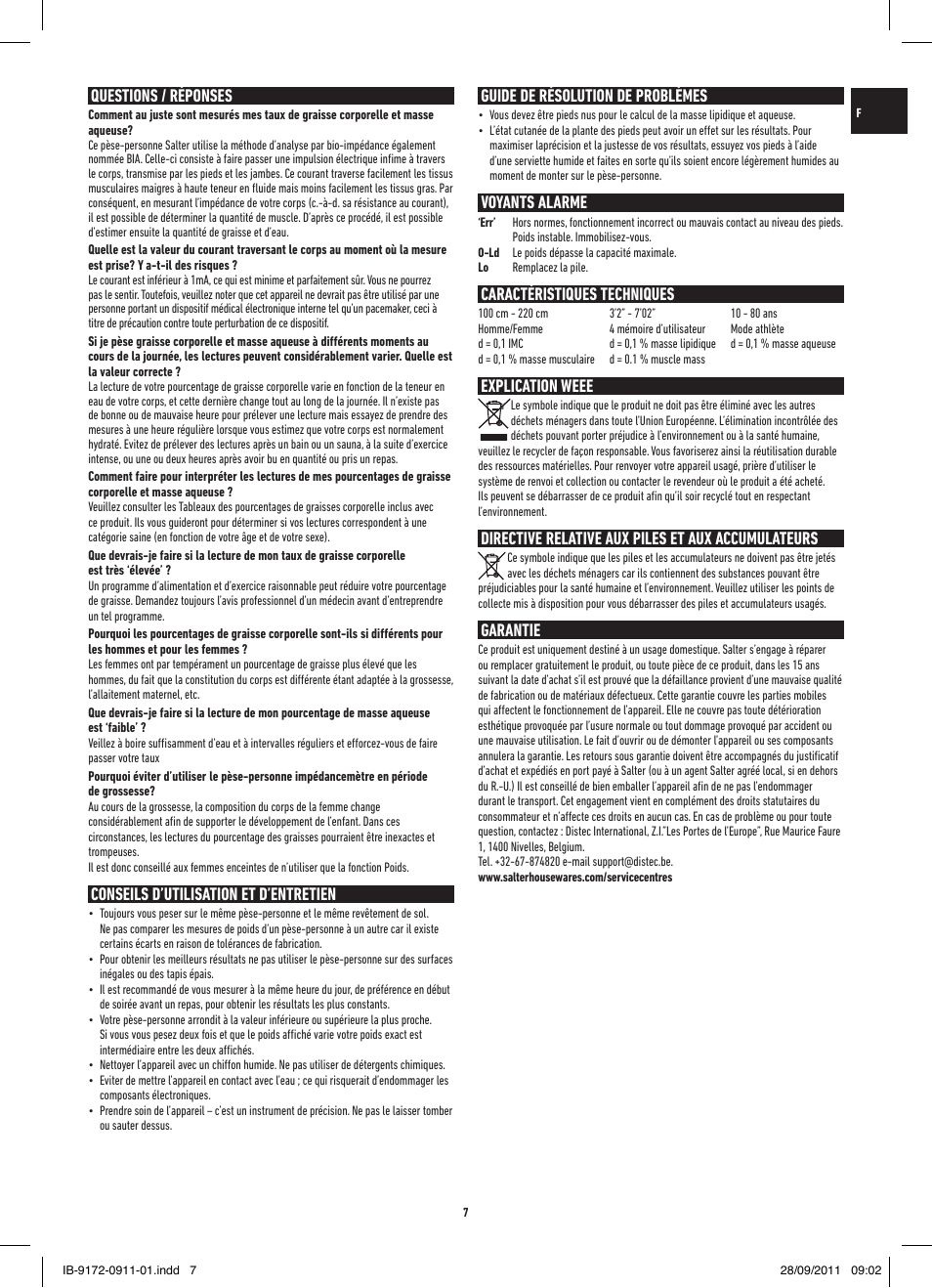 Questions / réponses, Conseils d’utilisation et d’entretien, Guide de résolution de problèmes | Voyants alarme, Caractéristiques techniques, Explication weee, Directive relative aux piles et aux accumulateurs, Garantie | Salter 9172 BK3R EasyView Analyser Scale User Manual | Page 7 / 56