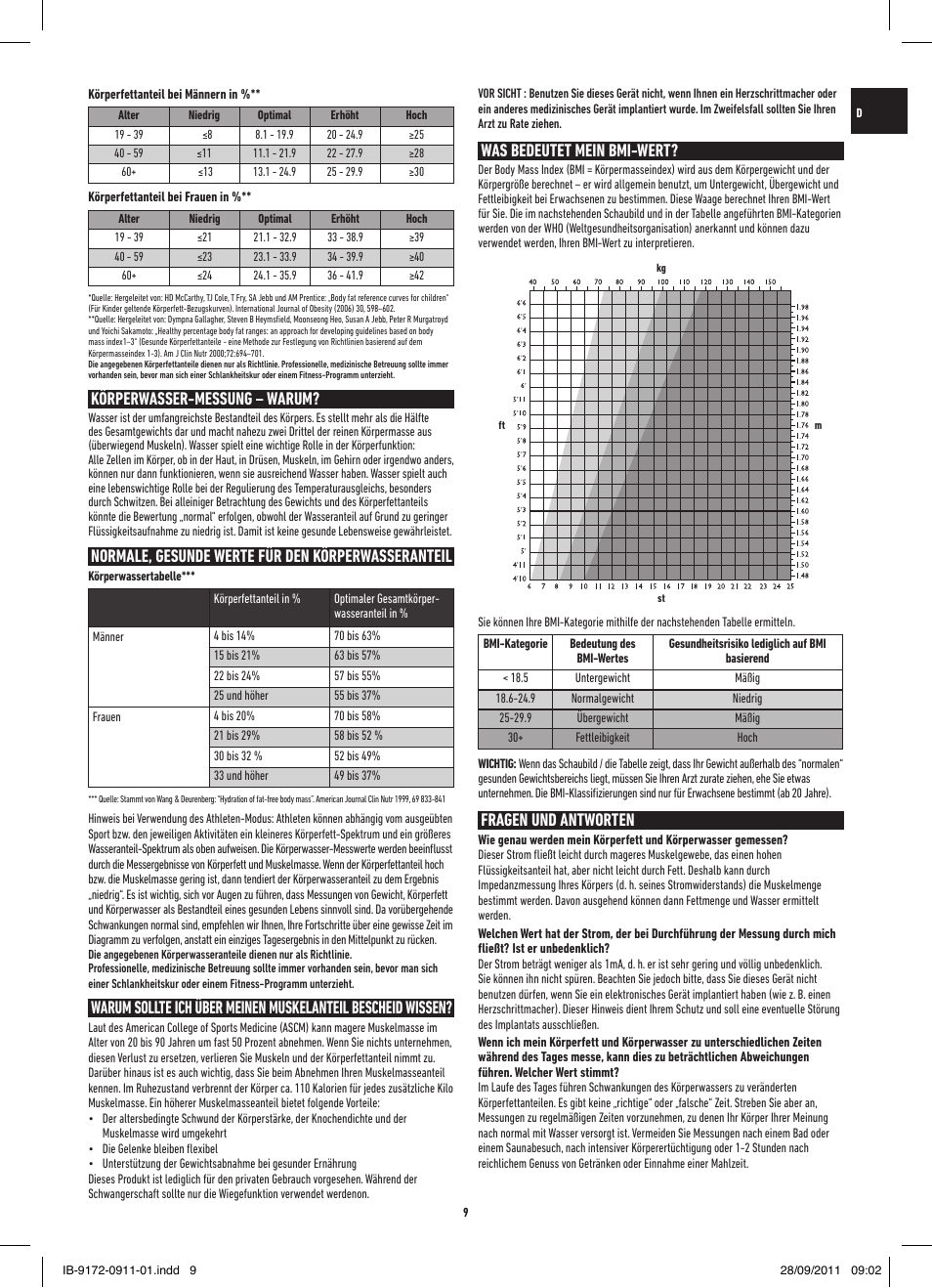 Körperwasser-messung – warum, Normale, gesunde werte für den körperwasseranteil, Was bedeutet mein bmi-wert | Fragen und antworten | Salter 9172 BK3R EasyView Analyser Scale User Manual | Page 9 / 56