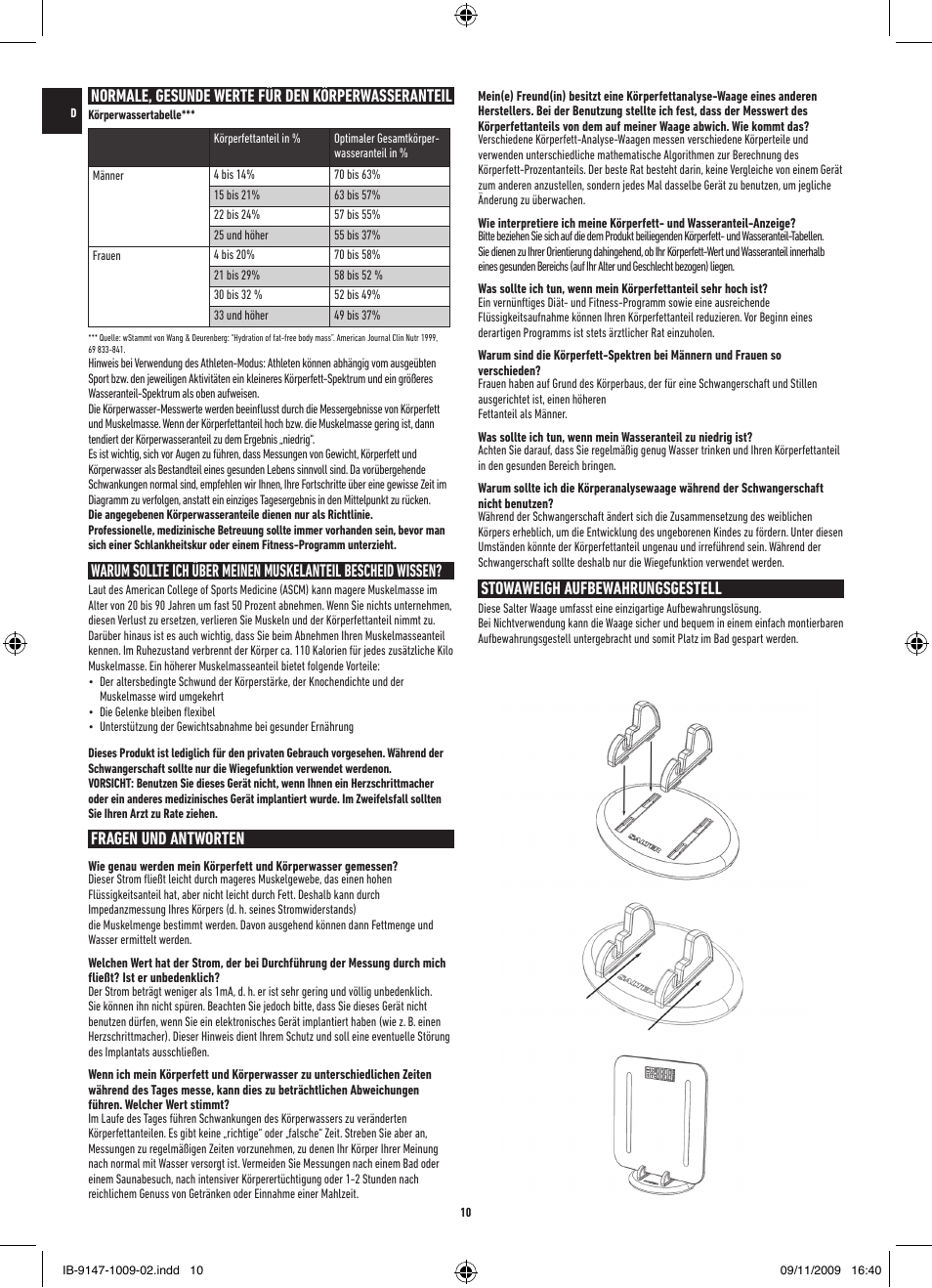 Fragen und antworten, Normale, gesunde werte für den körperwasseranteil, Stowaweigh aufbewahrungsgestell | Salter 9147 BK3R Stow-A-Weigh Analyser Scale User Manual | Page 10 / 56