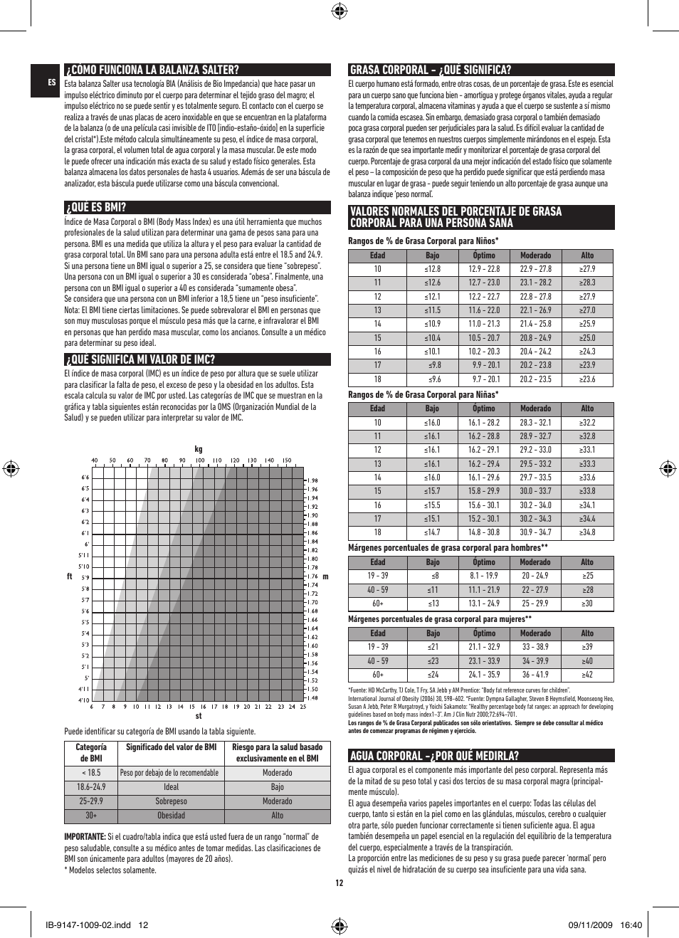 Cómo funciona la balanza salter, Grasa corporal - ¿qué significa, Agua corporal -¿por qué medirla | Qué es bmi, Qué significa mi valor de imc | Salter 9147 BK3R Stow-A-Weigh Analyser Scale User Manual | Page 12 / 56