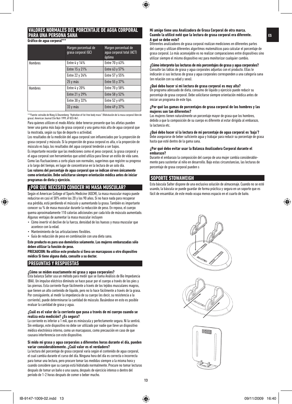Por qué necesito conocer mi masa muscular, Preguntas y respuestas, Soporte stowaweigh | Salter 9147 BK3R Stow-A-Weigh Analyser Scale User Manual | Page 13 / 56