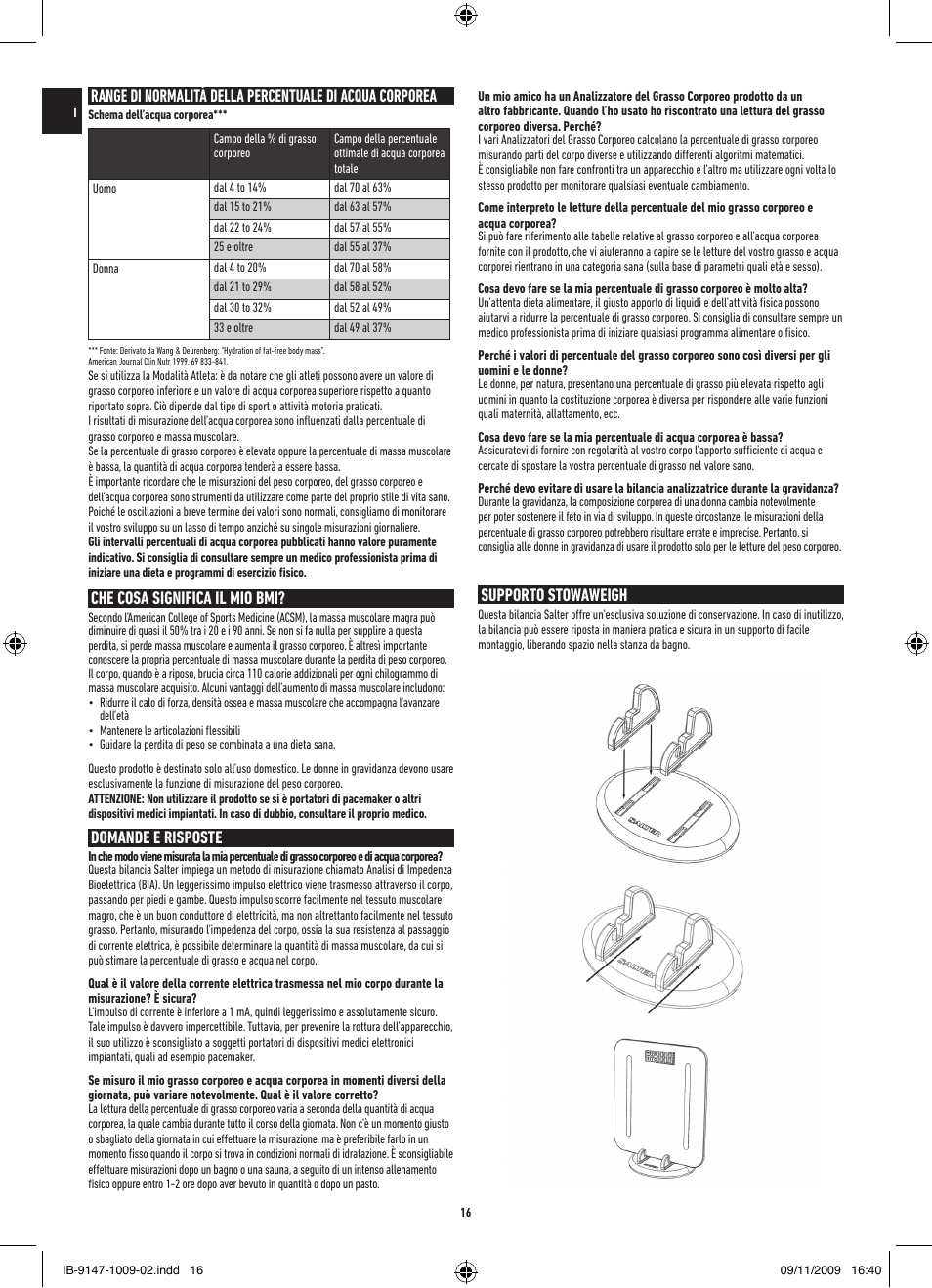 Che cosa significa il mio bmi, Domande e risposte, Supporto stowaweigh | Salter 9147 BK3R Stow-A-Weigh Analyser Scale User Manual | Page 16 / 56
