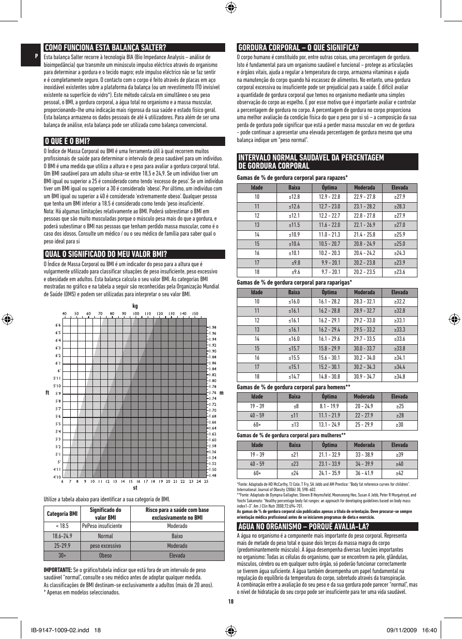 Como funciona esta balança salter, Gordura corporal – o que significa, Água no organismo – porquê avaliá-la | O que é o bmi, Qual o significado do meu valor bmi | Salter 9147 BK3R Stow-A-Weigh Analyser Scale User Manual | Page 18 / 56